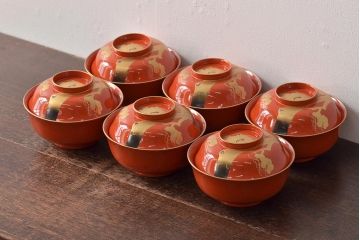 アンティーク雑貨　大正昭和初期　朱塗鶴蒔絵木製椀6客セット(漆器、お椀、和食器)(R-043089)