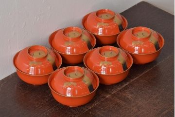アンティーク雑貨　大正昭和初期　朱塗鶴蒔絵木製椀6客セット(漆器、お椀、和食器)(R-043089)