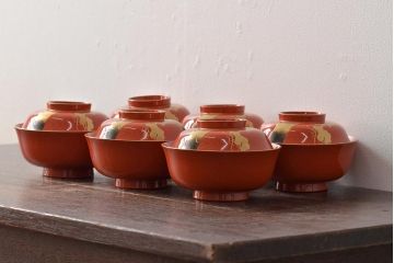 アンティーク雑貨　大正昭和初期　朱塗鶴蒔絵木製椀6客セット(漆器、お椀、和食器)(R-043089)