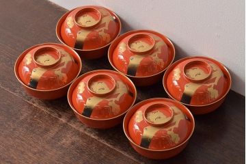 アンティーク雑貨　大正昭和初期　朱塗鶴蒔絵木製椀6客セット(漆器、お椀、和食器)(R-043089)