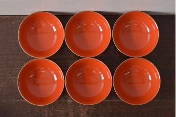 アンティーク雑貨　大正昭和初期　朱塗鶴蒔絵木製椀6客セット(漆器、お椀、和食器)(R-043089)