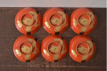 アンティーク雑貨　大正昭和初期　朱塗鶴蒔絵木製椀6客セット(漆器、お椀、和食器)(R-043089)