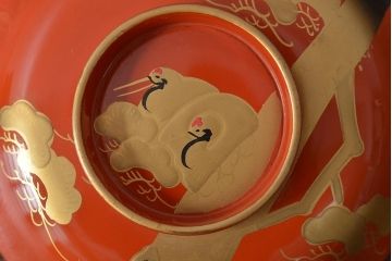 アンティーク雑貨　大正昭和初期　朱塗鶴蒔絵木製椀6客セット(漆器、お椀、和食器)(R-043089)