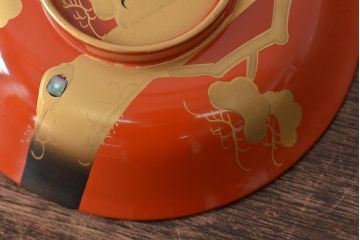 アンティーク雑貨　大正昭和初期　朱塗鶴蒔絵木製椀6客セット(漆器、お椀、和食器)(R-043089)