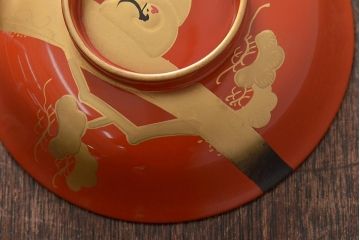 アンティーク雑貨　大正昭和初期　朱塗鶴蒔絵木製椀6客セット(漆器、お椀、和食器)(R-043089)