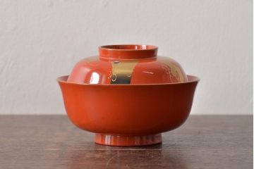 アンティーク雑貨　大正昭和初期　朱塗鶴蒔絵木製椀6客セット(漆器、お椀、和食器)(R-043089)