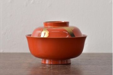 アンティーク雑貨　大正昭和初期　朱塗鶴蒔絵木製椀6客セット(漆器、お椀、和食器)(R-043089)