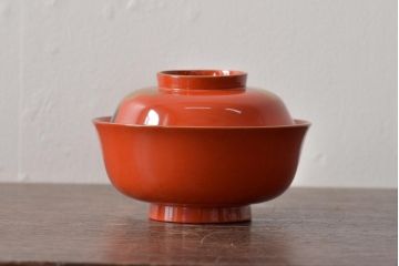 アンティーク雑貨　大正昭和初期　朱塗鶴蒔絵木製椀6客セット(漆器、お椀、和食器)(R-043089)