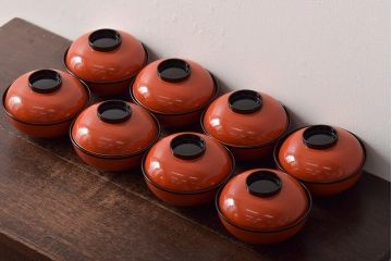 アンティーク雑貨　明治大正期　欅製朱塗椀8客セット(漆器、お椀、和食器)(R-043090)