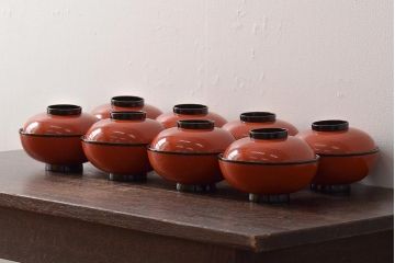 アンティーク雑貨　明治大正期　欅製朱塗椀8客セット(漆器、お椀、和食器)(R-043090)