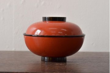 アンティーク雑貨　明治大正期　欅製朱塗椀8客セット(漆器、お椀、和食器)(R-043090)