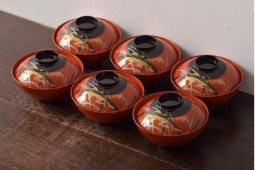 アンティーク雑貨　大正昭和初期　朱塗稲穂蒔絵木製椀6客セット(漆器、お椀)(R-043091)
