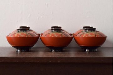 アンティーク雑貨　大正昭和初期　朱塗稲穂蒔絵木製椀6客セット(漆器、お椀)(R-043091)