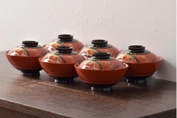 アンティーク雑貨　大正昭和初期　朱塗稲穂蒔絵木製椀6客セット(漆器、お椀)(R-043091)