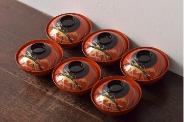 アンティーク雑貨　大正昭和初期　朱塗稲穂蒔絵木製椀6客セット(漆器、お椀)(R-043091)