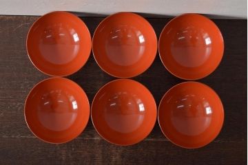 アンティーク雑貨　大正昭和初期　朱塗稲穂蒔絵木製椀6客セット(漆器、お椀)(R-043091)
