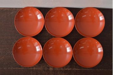 アンティーク雑貨　大正昭和初期　朱塗稲穂蒔絵木製椀6客セット(漆器、お椀)(R-043091)
