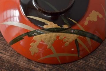 アンティーク雑貨　大正昭和初期　朱塗稲穂蒔絵木製椀6客セット(漆器、お椀)(R-043091)