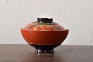 アンティーク雑貨　大正昭和初期　朱塗稲穂蒔絵木製椀6客セット(漆器、お椀)(R-043091)
