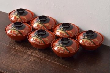 アンティーク雑貨　大正昭和初期　朱塗稲穂蒔絵木製椀7客セット(漆器、お椀)(R-043092)