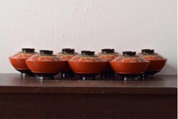 アンティーク雑貨　大正昭和初期　朱塗稲穂蒔絵木製椀7客セット(漆器、お椀)(R-043092)