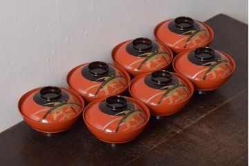 アンティーク雑貨　大正昭和初期　朱塗稲穂蒔絵木製椀7客セット(漆器、お椀)(R-043092)