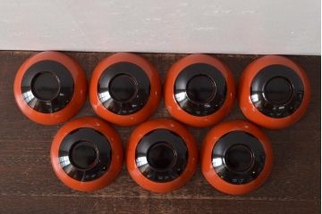 アンティーク雑貨　大正昭和初期　朱塗稲穂蒔絵木製椀7客セット(漆器、お椀)(R-043092)