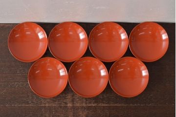 アンティーク雑貨　大正昭和初期　朱塗稲穂蒔絵木製椀7客セット(漆器、お椀)(R-043092)