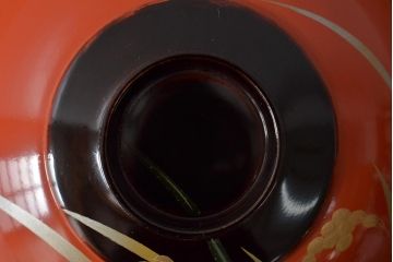 アンティーク雑貨　大正昭和初期　朱塗稲穂蒔絵木製椀7客セット(漆器、お椀)(R-043092)