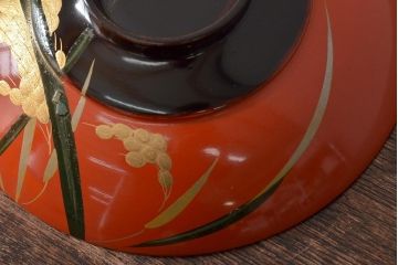 アンティーク雑貨　大正昭和初期　朱塗稲穂蒔絵木製椀7客セット(漆器、お椀)(R-043092)