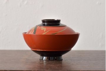 アンティーク雑貨　大正昭和初期　朱塗稲穂蒔絵木製椀7客セット(漆器、お椀)(R-043092)
