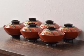 アンティーク雑貨　大正昭和初期　朱塗稲穂蒔絵木製椀6客セット(漆器、お椀)(R-043099)