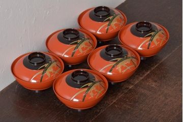 アンティーク雑貨　大正昭和初期　朱塗稲穂蒔絵木製椀6客セット(漆器、お椀)(R-043099)
