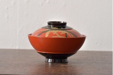 アンティーク雑貨　大正昭和初期　朱塗稲穂蒔絵木製椀6客セット(漆器、お椀)(R-043099)