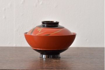 アンティーク雑貨　大正昭和初期　朱塗稲穂蒔絵木製椀6客セット(漆器、お椀)(R-043099)