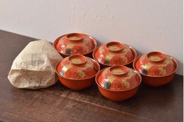 アンティーク雑貨　大正昭和初期　朱塗鶴蒔絵木製椀5客セット(漆器、お椀、和食器)(R-043100)