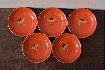 アンティーク雑貨　大正昭和初期　朱塗鶴蒔絵木製椀5客セット(漆器、お椀、和食器)(R-043100)