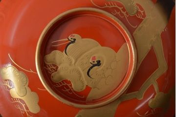 アンティーク雑貨　大正昭和初期　朱塗鶴蒔絵木製椀5客セット(漆器、お椀、和食器)(R-043100)
