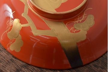 アンティーク雑貨　大正昭和初期　朱塗鶴蒔絵木製椀5客セット(漆器、お椀、和食器)(R-043100)