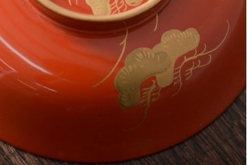 アンティーク雑貨　大正昭和初期　朱塗鶴蒔絵木製椀5客セット(漆器、お椀、和食器)(R-043100)