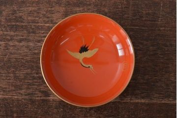 アンティーク雑貨　大正昭和初期　朱塗鶴蒔絵木製椀5客セット(漆器、お椀、和食器)(R-043100)