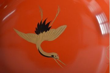 アンティーク雑貨　大正昭和初期　朱塗鶴蒔絵木製椀5客セット(漆器、お椀、和食器)(R-043100)