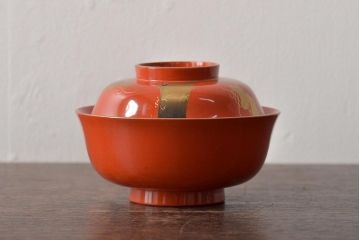 アンティーク雑貨　大正昭和初期　朱塗鶴蒔絵木製椀5客セット(漆器、お椀、和食器)(R-043100)