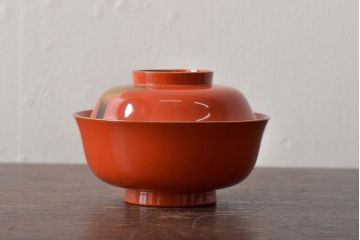 アンティーク雑貨　大正昭和初期　朱塗鶴蒔絵木製椀5客セット(漆器、お椀、和食器)(R-043100)