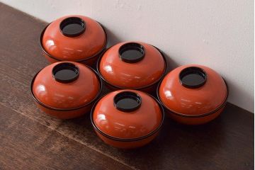 アンティーク雑貨　明治大正期　欅製朱塗椀5客セット(漆器、お椀、和食器)(R-043101)