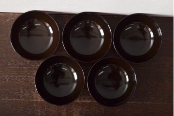 アンティーク雑貨　明治大正期　欅製朱塗椀5客セット(漆器、お椀、和食器)(R-043101)