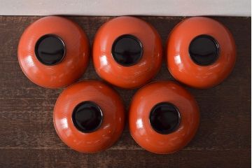 アンティーク雑貨　明治大正期　欅製朱塗椀5客セット(漆器、お椀、和食器)(R-043101)