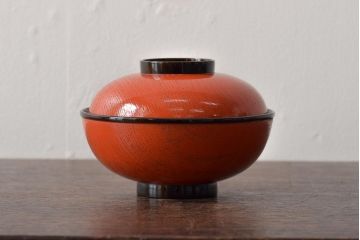 アンティーク雑貨　明治大正期　欅製朱塗椀5客セット(漆器、お椀、和食器)(R-043101)