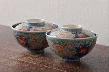 アンティーク雑貨　幕末〜明治　富長貴春銘　色絵染付蓋茶碗2客セット(和食器)(R-043102)