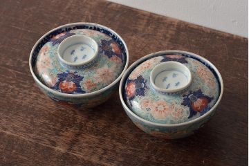 アンティーク雑貨　幕末〜明治　富長貴春銘　色絵染付蓋茶碗2客セット(和食器)(R-043102)